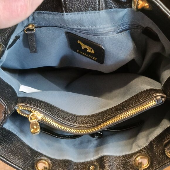 Emma Fox Black Pebbled Leather Handbag Bamboo Handles Removable Crossbody Strap - Picture 10 of 13